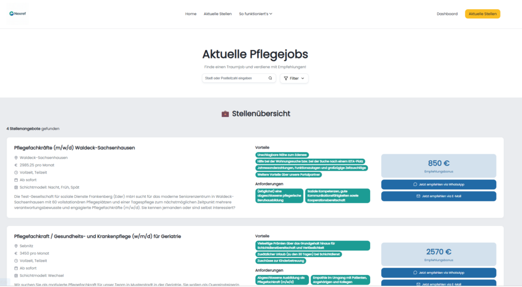 Screenshot Stellenübersicht Nexref.Pflege